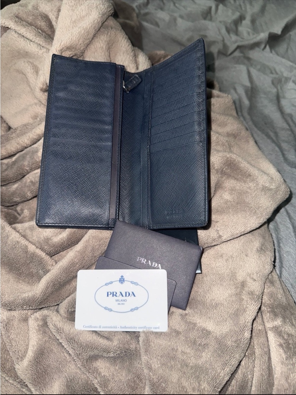 Prada 2MV836 Baltico Blue Saffiano Vertical Wallet w/ Auth Card Long Bifold